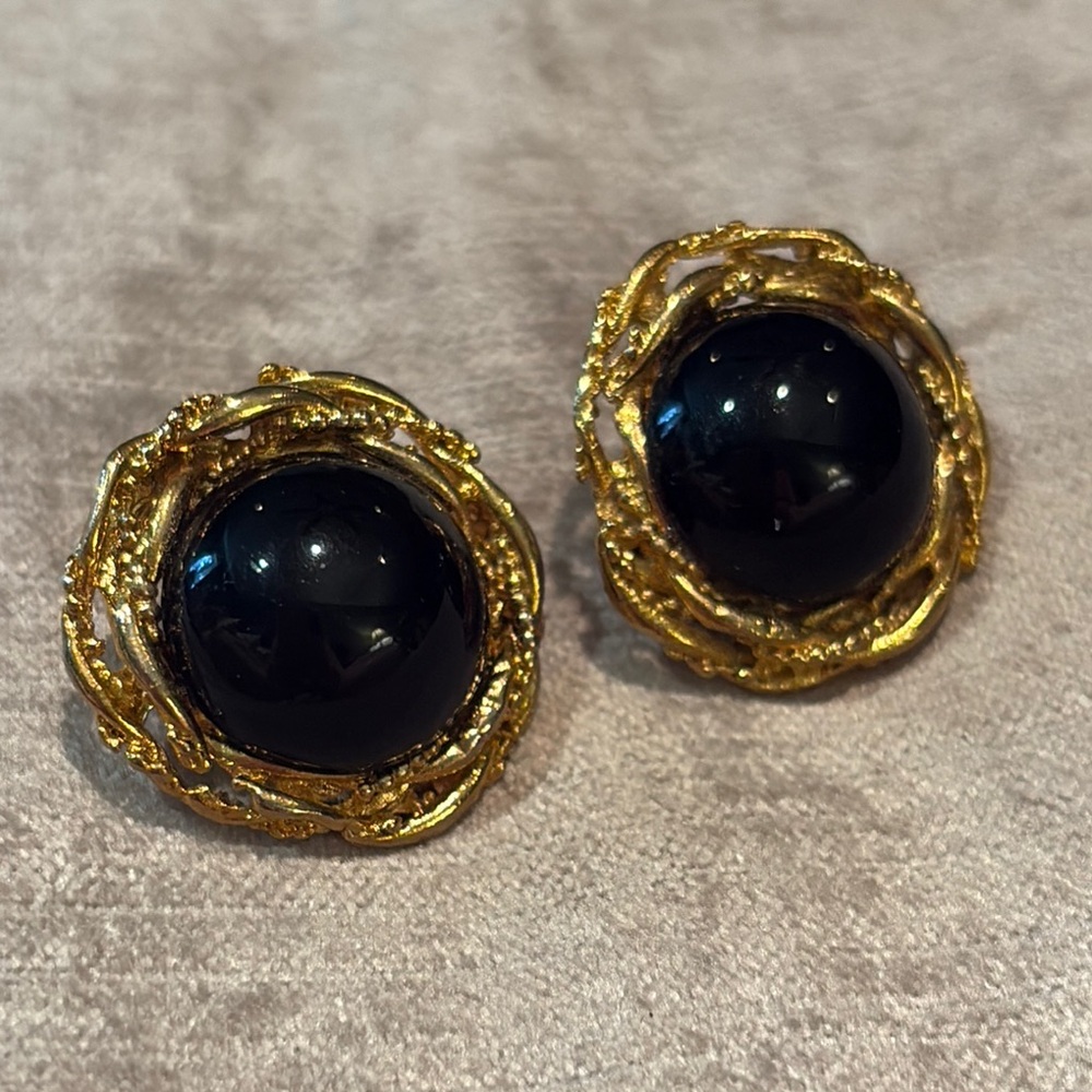 Vintage Gold and Black Ornate Cabochon Earrings Post Back 1”